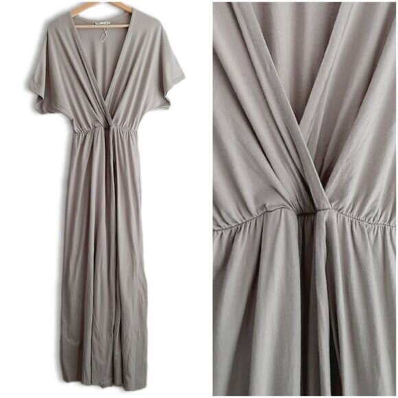 ZARA Surplice Faux Wrap Maxi Dress Long Slit Grey Sz S Flawed - Picture 2 of 16
